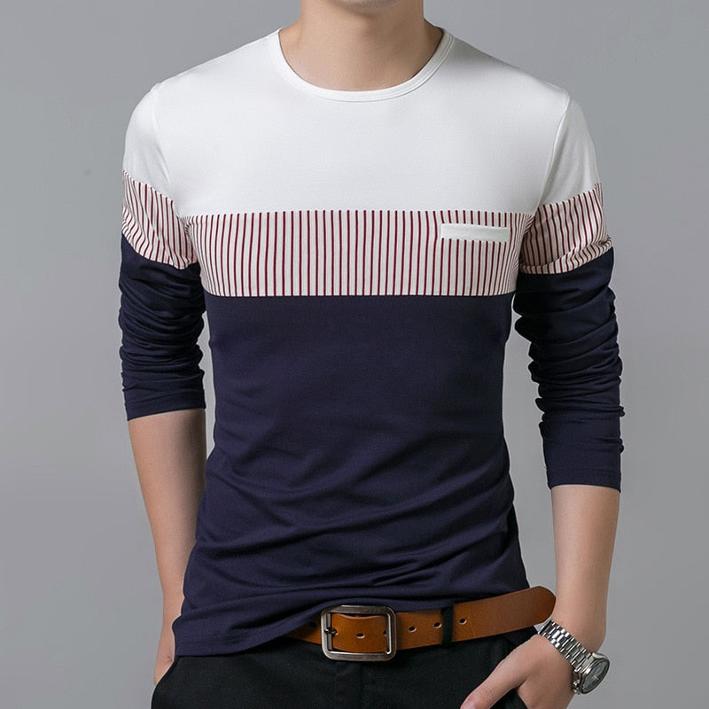 Mens Cotton Long Sleeve O Neck Patchwork Stripe