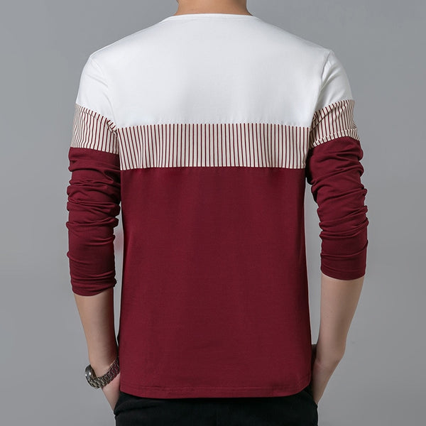 Mens Cotton Long Sleeve O Neck Patchwork Stripe