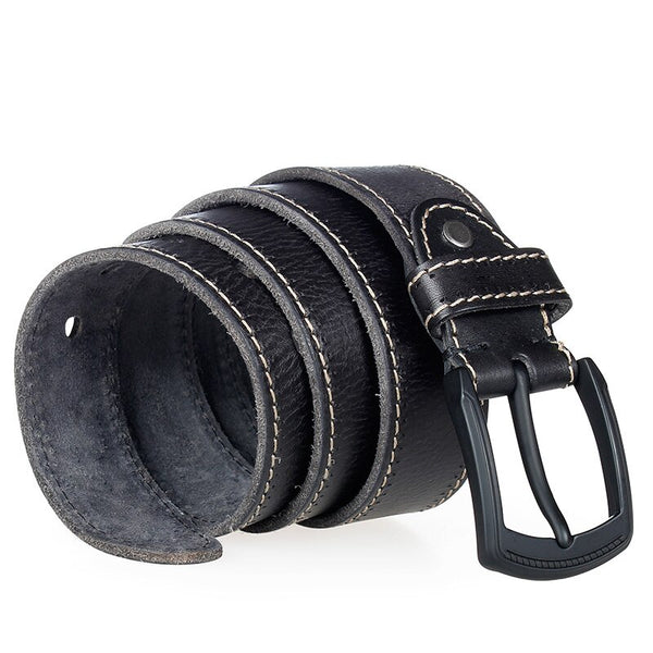 Mens belt high quality natural genuine leather for men hard metal matte black pin buckle