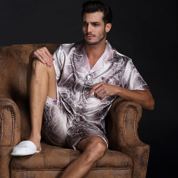 Men Satin Silk Pajamas Sets of T-shirt, Shorts. Leisure Home Clothing