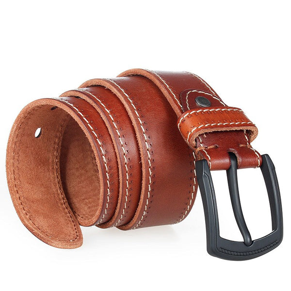 Mens belt high quality natural genuine leather for men hard metal matte black pin buckle