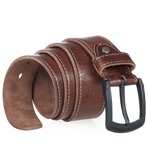 Mens belt high quality natural genuine leather for men hard metal matte black pin buckle