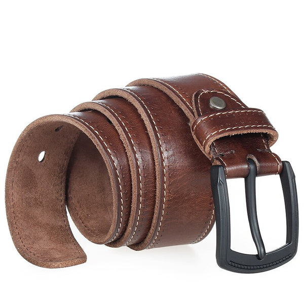 Mens belt high quality natural genuine leather for men hard metal matte black pin buckle