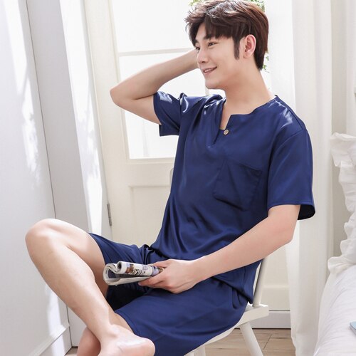 Men Satin Silk Pajamas Sets of T-shirt, Shorts. Leisure Home Clothing