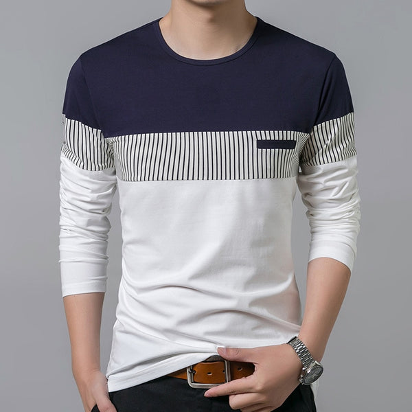 Mens Cotton Long Sleeve O Neck Patchwork Stripe