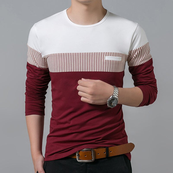 Mens Cotton Long Sleeve O Neck Patchwork Stripe