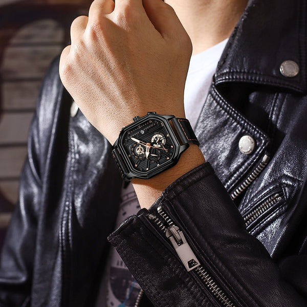 Fashion Square Dial Leather Mens Watches Luxury Sport Waterproof