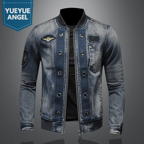 Men Vintage Stand Collar Pilot Coat Denim Bomber