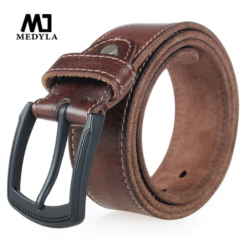 Mens belt high quality natural genuine leather for men hard metal matte black pin buckle