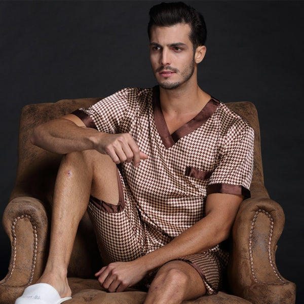 Men Satin Silk Pajamas Sets of T-shirt, Shorts. Leisure Home Clothing