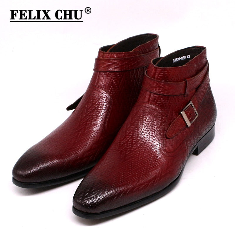 Handmade Men Ankle Boots Genuine Leather Black Red Buckle Strap