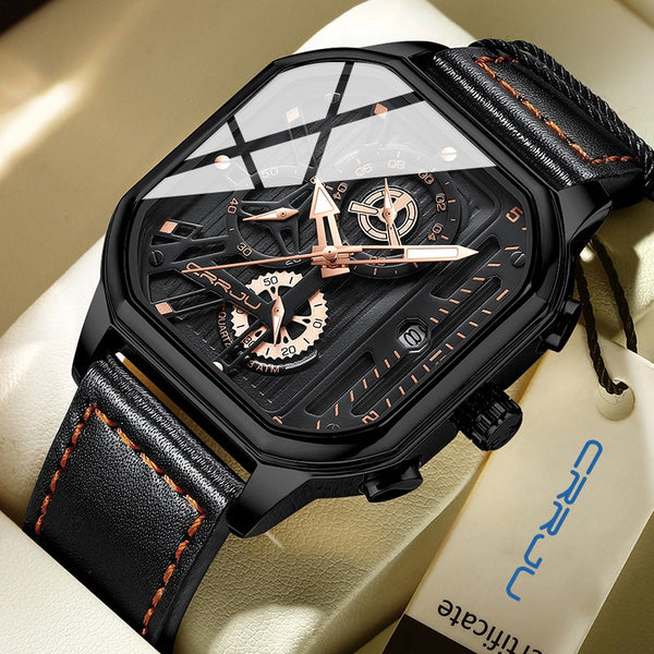 Fashion Square Dial Leather Mens Watches Luxury Sport Waterproof